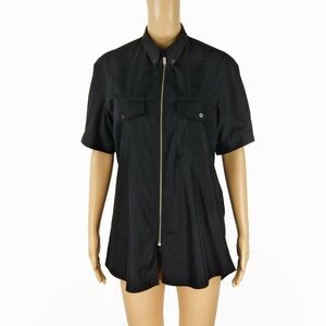 Alexander McQueen Black Zip Placket Short Sleeve Poplin Blouse Top